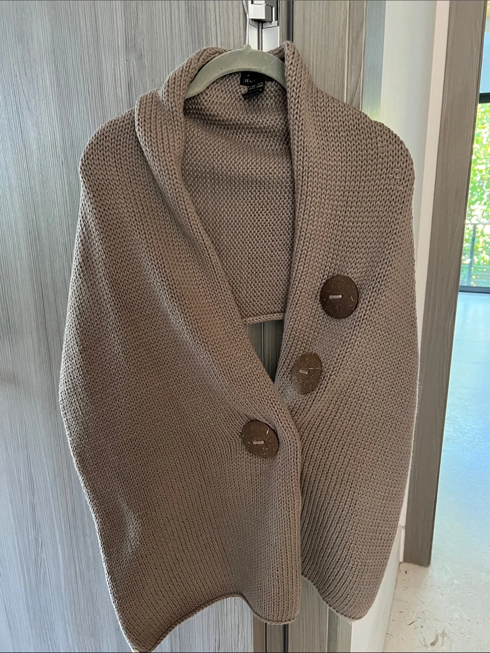 PURE HANDKNIT OS scarf taupe w/ coconut shell buttons 100% cotton